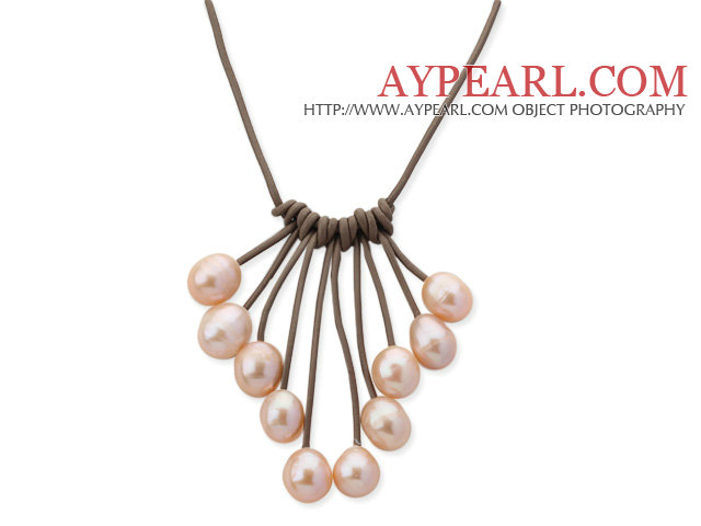 Fan Shape 10-11mm Pink Freshwater Pearl Läder Halsband med ljust brunt läder