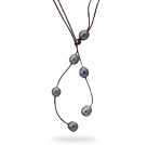 Enkel stil 10-11mm Svart Freshwater Pearl Leather Långt halsband med brunt läder