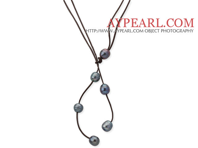 Simple Style 10-11mm Black Freshwater Pearl Leather Long Necklace with Brown Leather