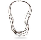 Multi Strands 10-11mm White Freshwater Pearl Leather Necklace with Light Brown Leather