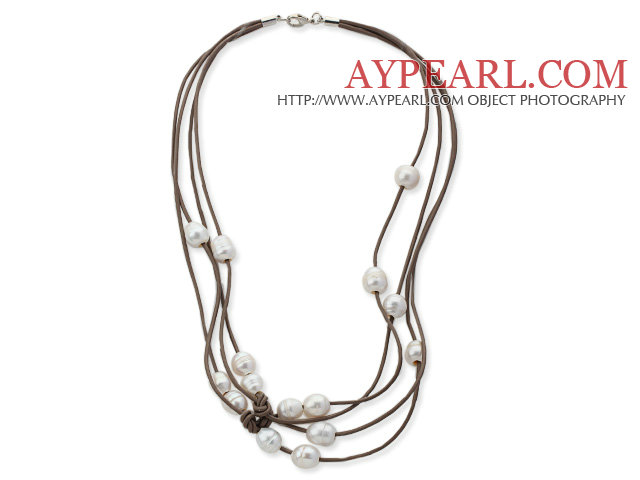 Multi Strands 10-11mm White Freshwater Pearl Leather Necklace with Light Brown Leather