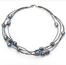 Multi Strands 10-11mm Black Freshwater Pearl Leather Necklace with Gray Leather
