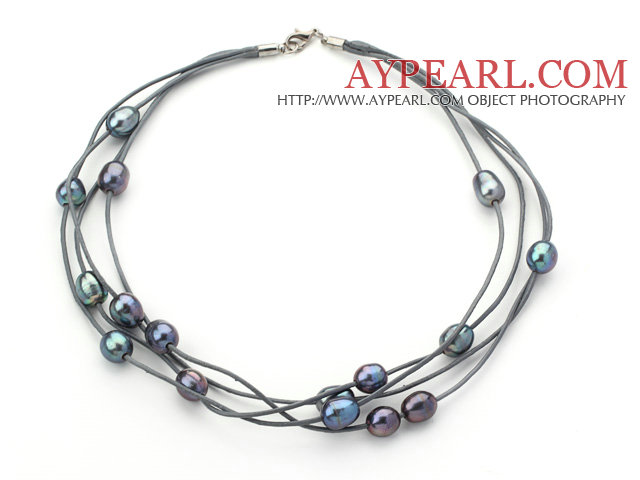 Multi Strands 10-11mm Black Freshwater Pearl Leather Necklace with Gray Leather