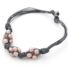Multi Strands 10-11mm Natural Violet Freshwater Pearl Woven Leather Necklace with Gray Leather