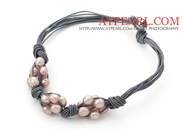 Multi Strands 10-11mm Natural Violet Freshwater Pearl Woven Leather Necklace with Gray Leather