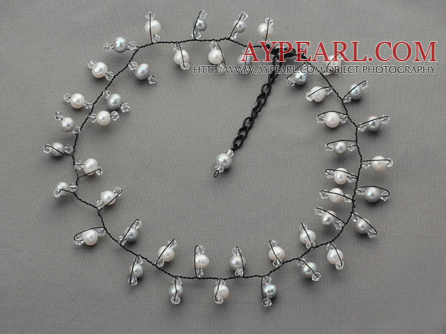 Eté 2013 Nouveau design gris et blanc perle d'eau douce et Clear collier en cristal