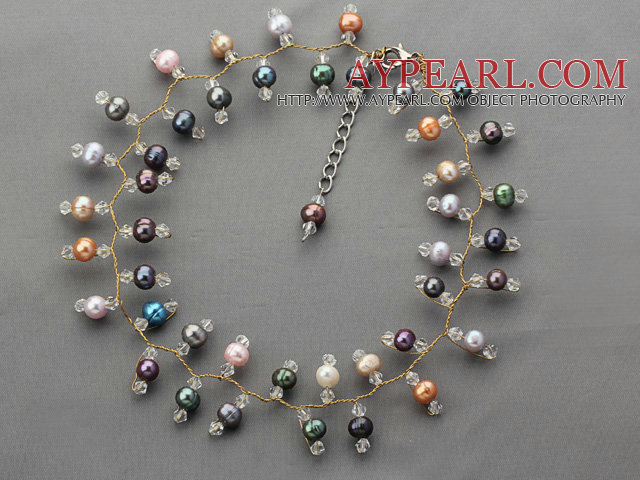 Eté 2013 New Design Noir et multi perles d'eau douce de couleur et Clear collier en cristal