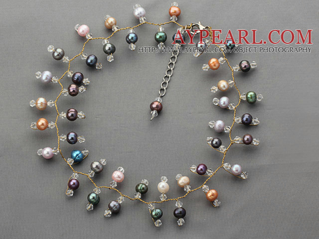 2013 Summer Nytt Design Svart og Multi Color ferskvannsperle og Clear Crystal halskjede