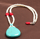 Fashion Nautral White Freshwater Pearl Red Coral Water Drop Shape Turquoise Pendant Necklace