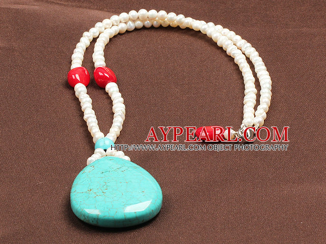 Mote nautral hvit ferskvannsperle Red Coral Water Drop Shape Turquoise anheng halskjede