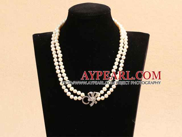 Best Mother Gift Graceful Double Strand Natural White Pearl Party Necklace With Rhinestone Bowknot Clasp