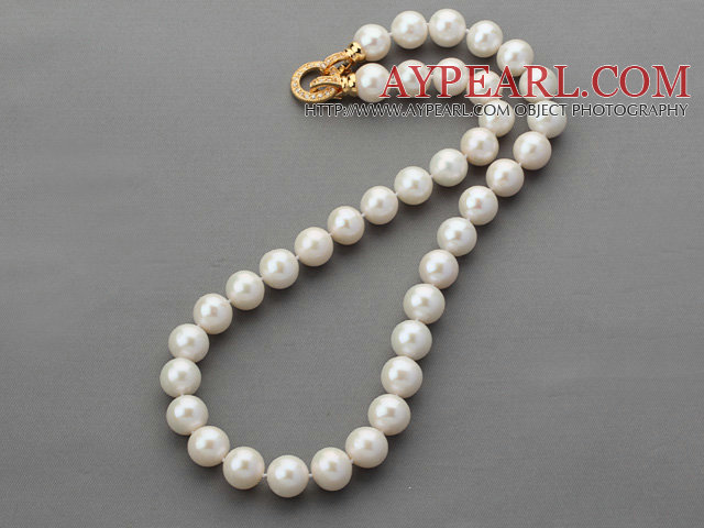 Classic Design Round A Grade 11-12mm White Freshwater Pearl Beaded Knotted Necklace with Gold Plated Clasp