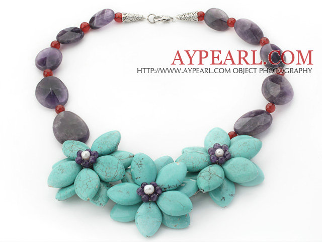 Elegant Style Assorted Amethyst and Carnelian and Turquoise Flower Necklace