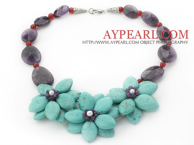 Style élégant assortiment améthyste et cornaline et collier fleur Turquoise