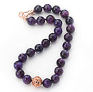 16mm rondes facettée Agate pourpre perlé noué Necklaec avec boule en métal couleur Rose d'or