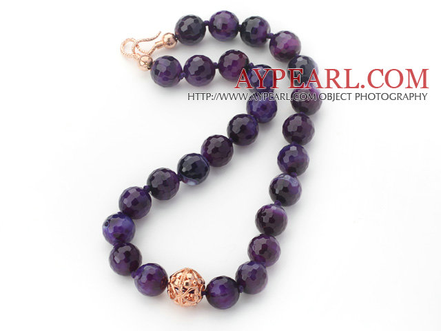 16mm Round Faceted Purple Agate Beaded Knotted Necklace with Golden Rose Color Metal Ball