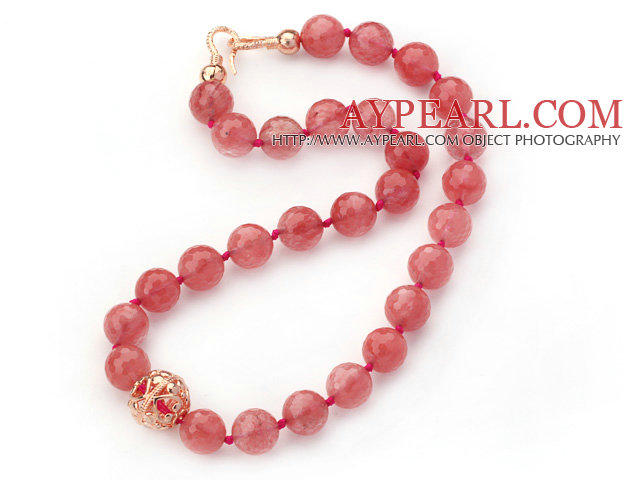 14mm Round Faceted Cherry Quartz Beaded Knotted Necklace with Golden Rose Color Metal Ball