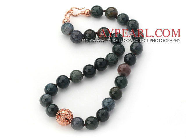 12mm Round Green and Black Color Indian Agate Beaded Knotted Necklace with Golden Rose Color Metal Ball