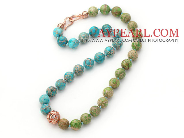 12mm Round Blue and Green Color Imperial Jasper Beaded Knotted Necklace with Golden Rose Color Metal Ball