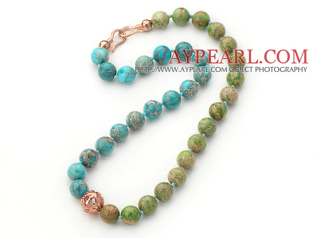 12mm ronde couleur bleu et vert Imperial Jasper perlé nouées Necklaec avec boule en métal couleur Rose d'or