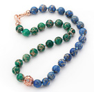 12mm Round Green and Blue Color Imperial Jasper Beaded Knotted Necklace with Golden Rose Color Metal Ball