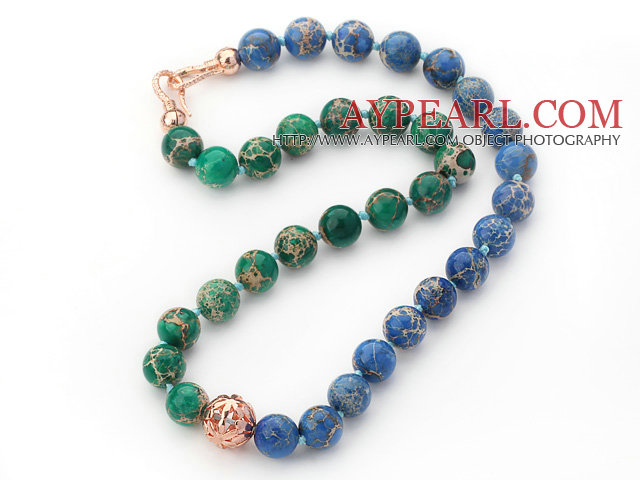 12mm Runde grüne und blaue Farbe Imperial Jasper Perlen verknotete Necklaec mit Golden Rose Farbe Metallkugel