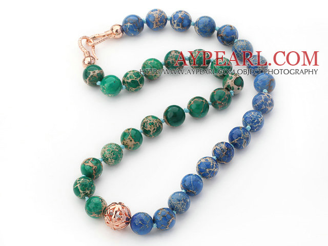 12mm rotund verde şi albastru culoare imperiale Jasper margele înnodate Necklaec cu mingea de Metal de culoare aurie Rose