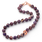 Wholesale 12mm Round Purple Color Imperial Jasper Beaded Knotted Necklace with Golden Rose Color Metal Ball