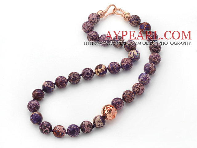 12mm Round Purple Color Imperial Jasper Beaded Knotted Necklace with Golden Rose Color Metal Ball