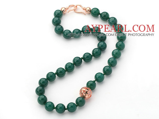 12 χιλιοστά του γύρου σκούρο πράσινο Agate Beaded κόμπους Necklaec με χρυσό χρώμα Rose μεταλλικ