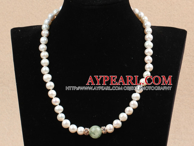 Best Mother Gift Graceful Natural White Pearl Prehnite Perlene part Halskjede med hjerte Clasp
