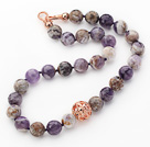 14mm Round Snow Amethyst Beaded Knotted Necklace with Golden Rose Color Metal Ball