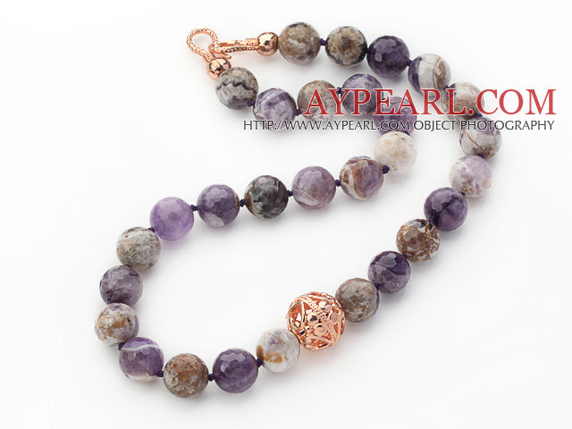 14mm Round Snow Amethyst Beaded Knotted Necklace with Golden Rose Color Metal Ball