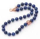 12mm Round Lapis Beaded Knotted Necklace with Golden Rose Color Metal Ball