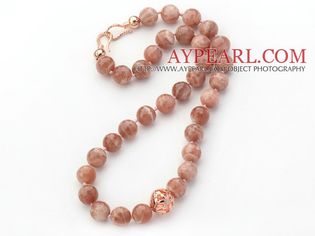 12mm Round Faceted Sunstone Beaded Knotted Necklace with Golden Rose Color Metal Ball