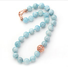Wholesale 14mm Round Natural Aquamarine Beaded Knotted Necklace with Golden Rose Color Metal Ball