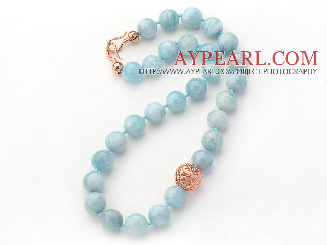 14mm Round Natural Aquamarine Beaded Knotted Necklace with Golden Rose Color Metal Ball