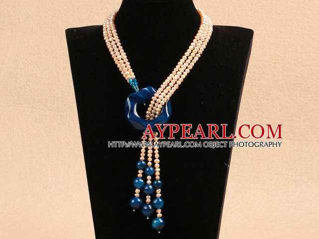 Fantastic Natural Pink Pearl Blue Agate Y Shape Tassel  Party Necklace