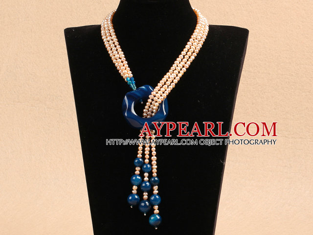 Fantastique forme naturelle Pink Pearl Bleu Agate Collier Parti Y Tassel