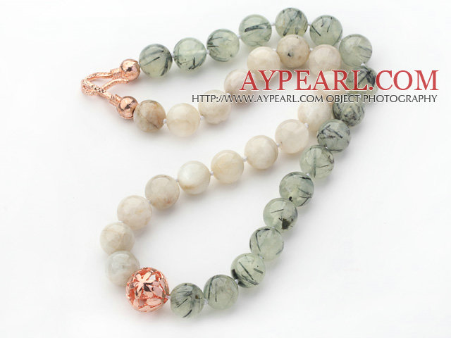 12mm Round Moonstone and Prehnite Stone Beaded Knotted Necklace with Golden Rose Color Metal Ball