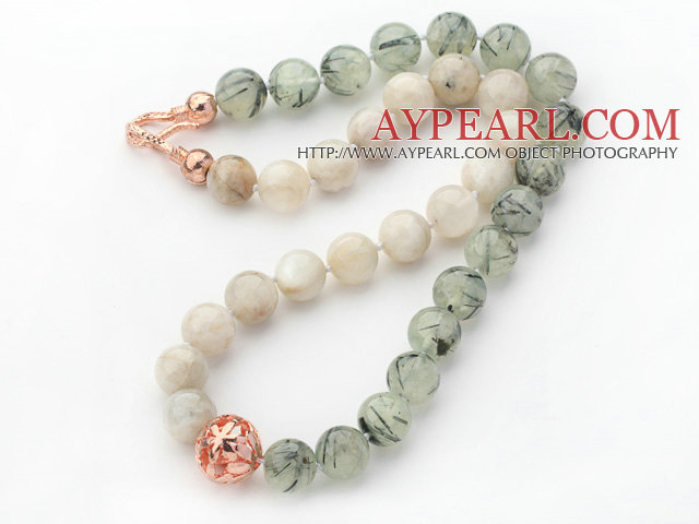 12mm Round Moonstone and Prehnite Stone Beaded Knotted Necklace with Golden Rose Color Metal Ball