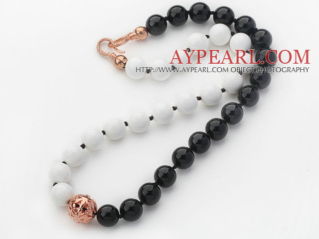 12mm Round Black Agate and White Porcelain Stone Beaded Knotted Necklace with Golden Rose Color Metal Ball