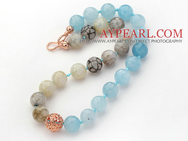 16mm runde svamp Kyanite og brann agat Beaded knyttede halskjede med gylne Rose farge Metal Ball