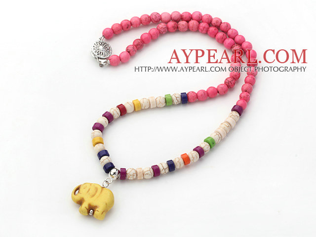 Assorted Dyed Pink and Multi Color Howlite Necklace with Elephant Pendant ( Random Pendant Color)