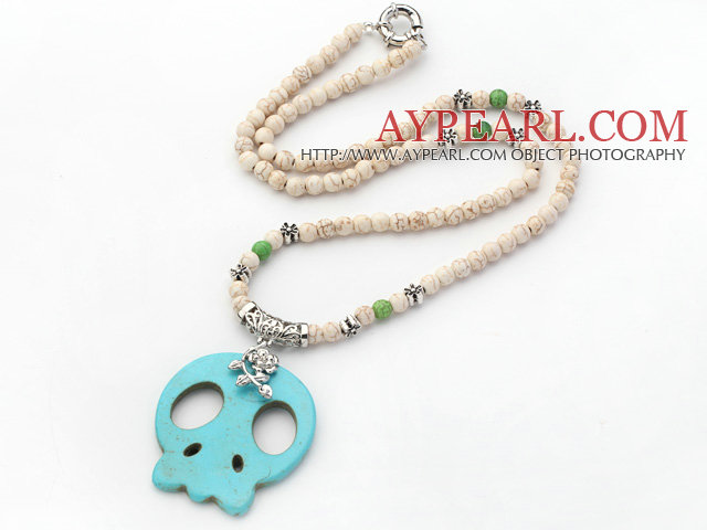 White Series White Howlite Necklace with Green Turquoise Skull Pendant