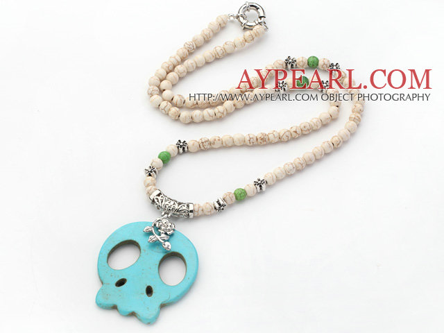 Série blanche Howlite blanc collier avec pendentif crâne Turquoise vert