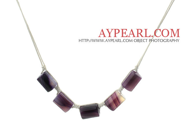Enkel stil Cylinder form färgats lila agat halsband med vit tråd