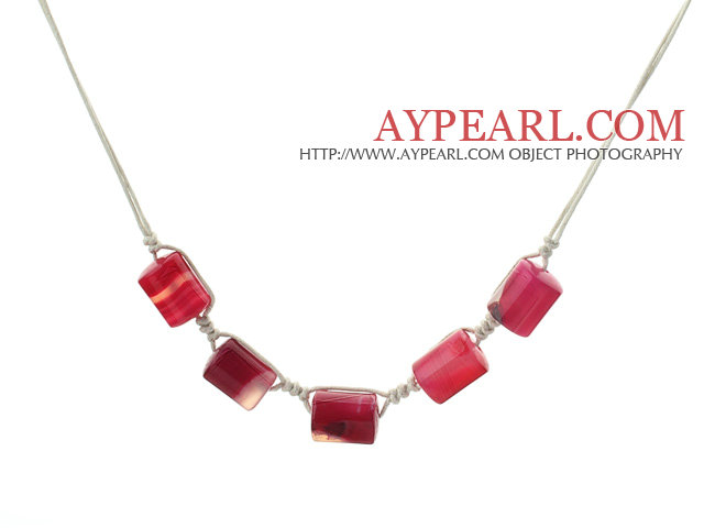 Simple Style Cylinder Shape Dyed Hot Pink Agate Necklace with White Thread