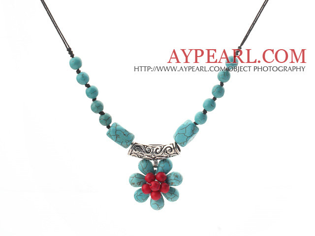 New Design Green Turquoise and Alaqueca Flower Necklace with Black Thread