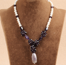 Fshion Natural White Pearl Amethyst Chips Pendant Necklace